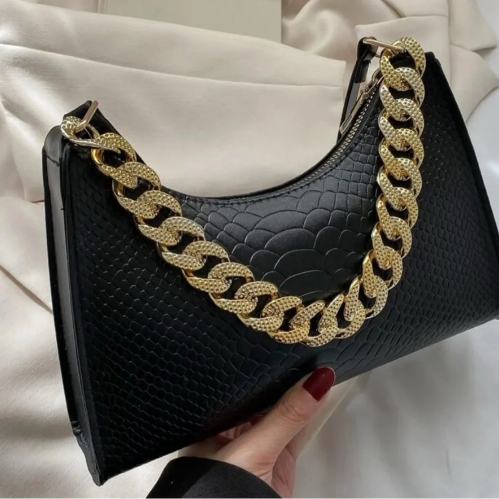 Black Croc-Embossed Shoulder Bag with Gold Chain
